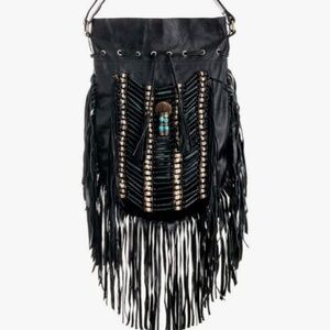 Black Leather Boho Festival Fringed and Beaded purse